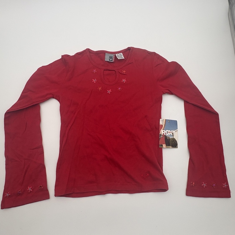 Roxy Shirt Juniors Small Red Crew Neck Long Bell Sleeve Floral Sequin Tee Top
